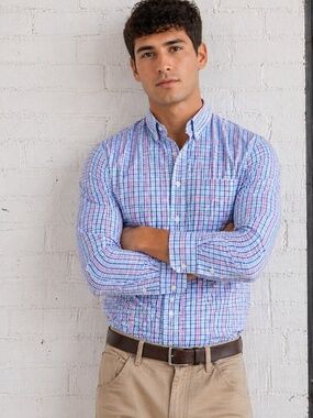 Izod Large Button Down Shirt Stretch Plaid Blue Pink Check
